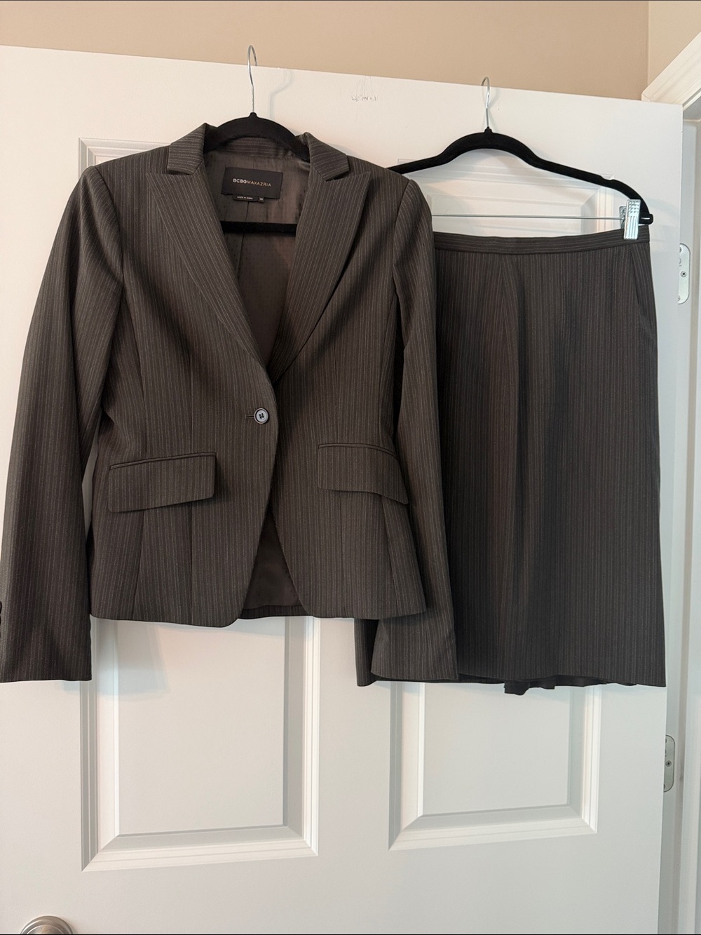 BCBGMaxAzria Brown Pinstripe Pantsuit Jacket and Skirt